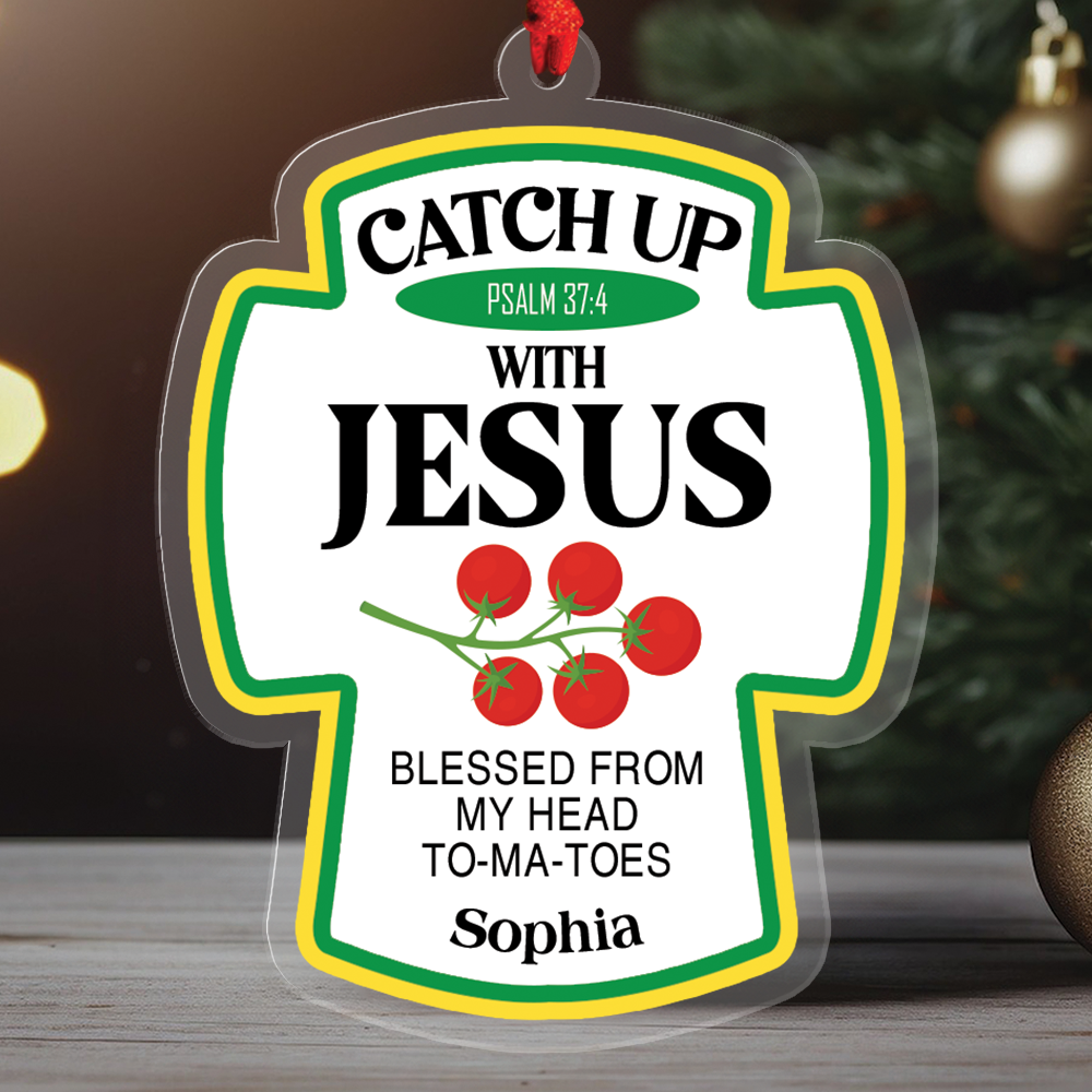 Teesdily | Customized Jesus Tomato Acrylic Ornament, Catch Up With Jesus Blessed From Head Tomatoes Christmas Ornament Gift