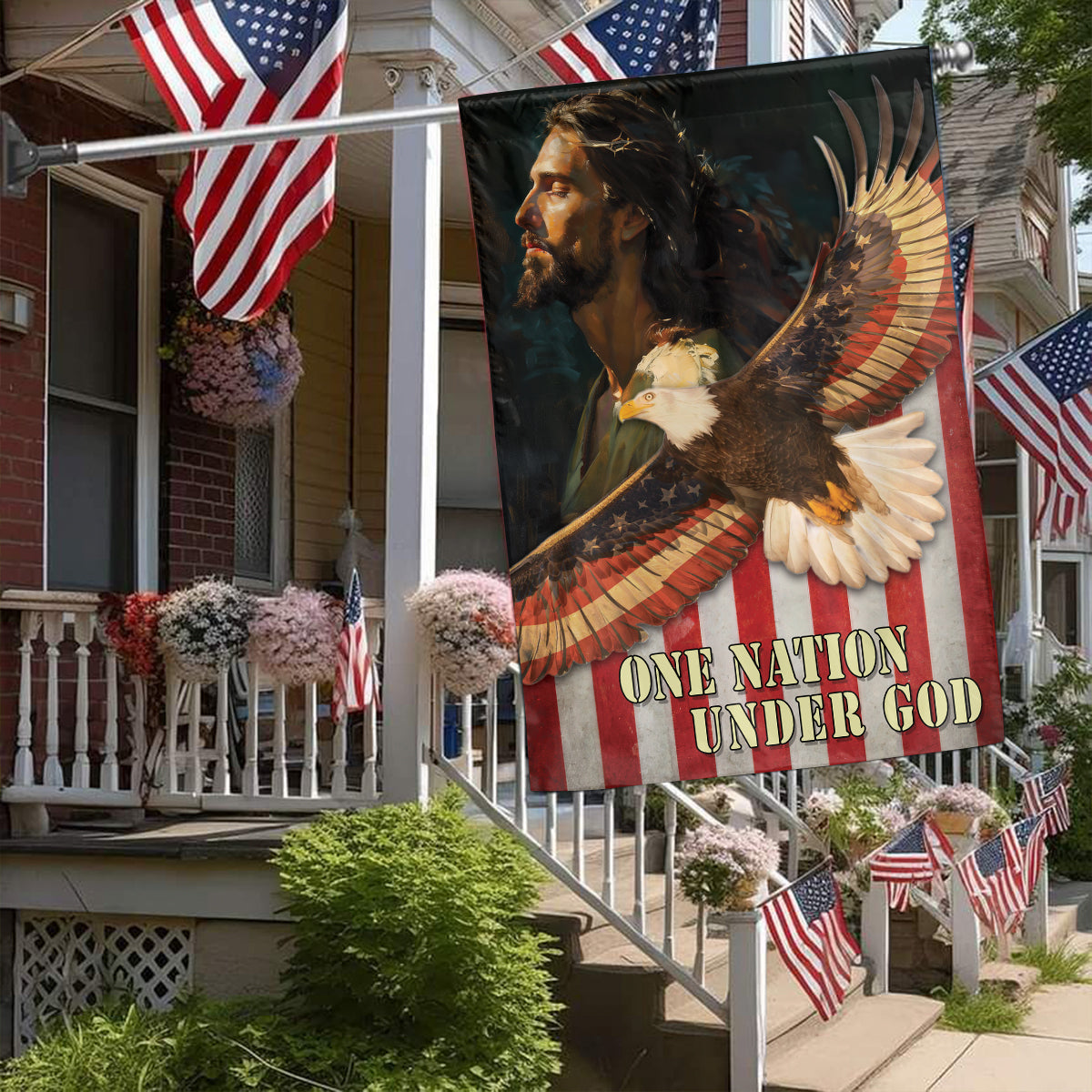 Teesdily | Jesus American Garden Flag, Jesus Eagle House Flag, One Nation Under God Double Sided Flag, Independence Day Outdoor Flag, American Pride