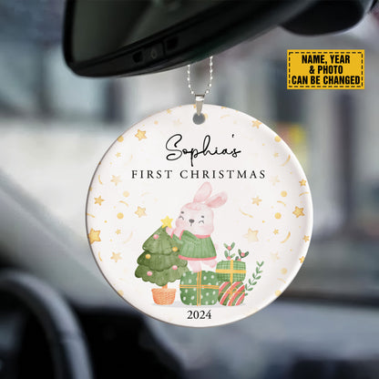 Teesdily | Personalized Baby's First Christmas Ornament 2024, 1st Christmas Custom Car Hanging Ornament, Christmas Keepsake, Baby Christmas Tree Decor