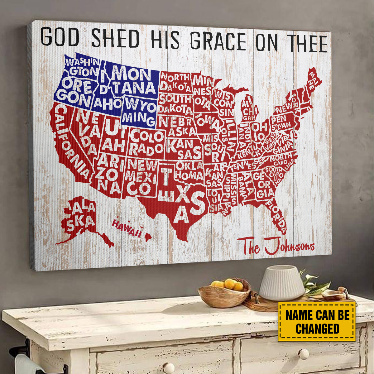 Teesdily | Independence American Map Customized Poster Canvas, God Shed His Grace On Thee Wall Decor, 4th Of July Home Decor, Christian Family Gifts