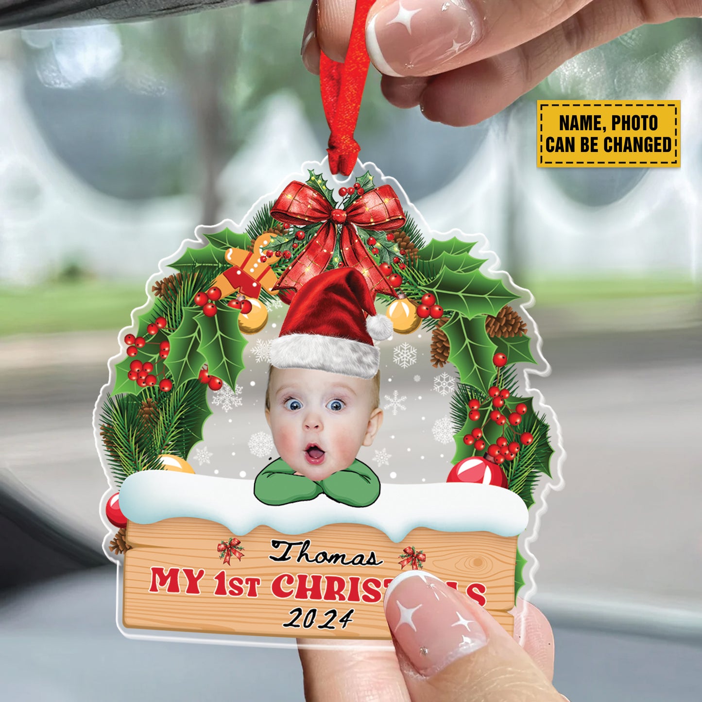 Teesdily | Personalized Baby Photo First Christmas Ornament, My 1st Christmas Acrylic Ornament, Baby Santa Xmas Wreath Decor, Family Ornaments Gift