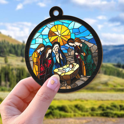 Teesdily | Christmas Nativity Jesus Suncatcher Ornament, Birth Of Jesus Suncatcher Print Stained Glass, Catholic Religious Ornament, Christmas Gift