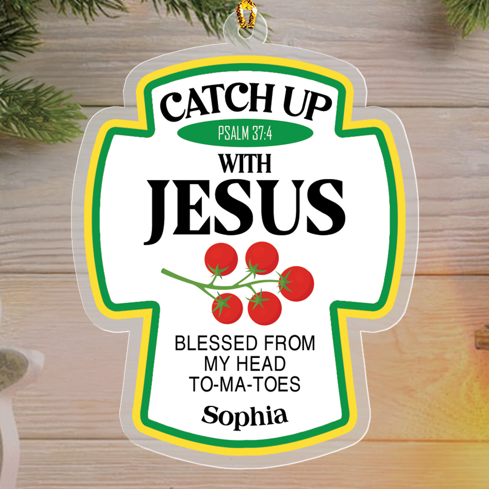 Teesdily | Customized Jesus Tomato Acrylic Ornament, Catch Up With Jesus Blessed From Head Tomatoes Christmas Ornament Gift