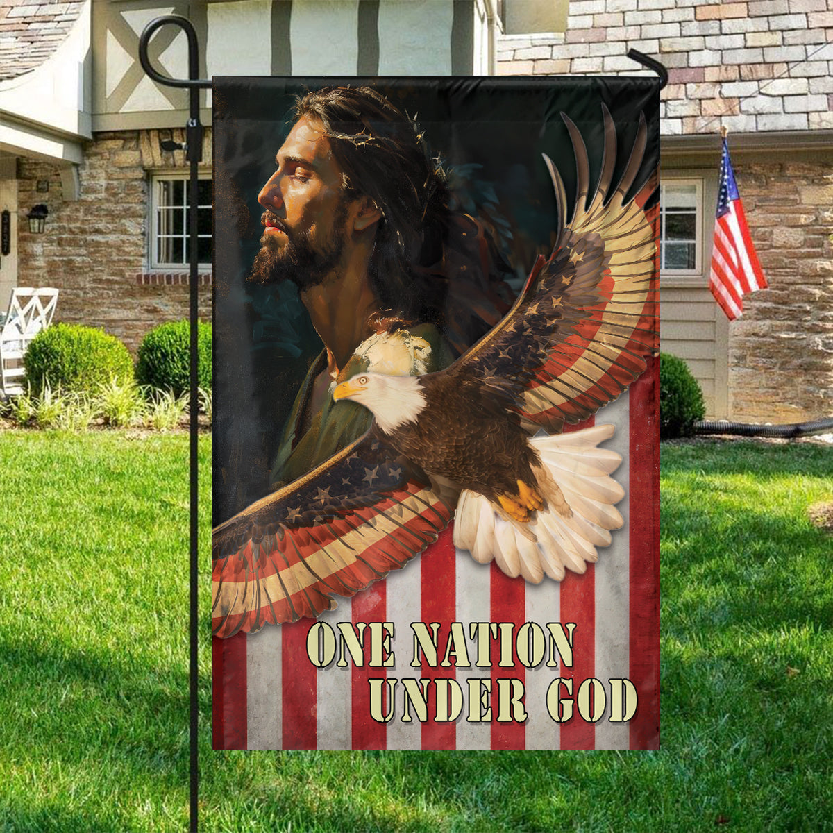 Teesdily | Jesus American Garden Flag, Jesus Eagle House Flag, One Nation Under God Double Sided Flag, Independence Day Outdoor Flag, American Pride