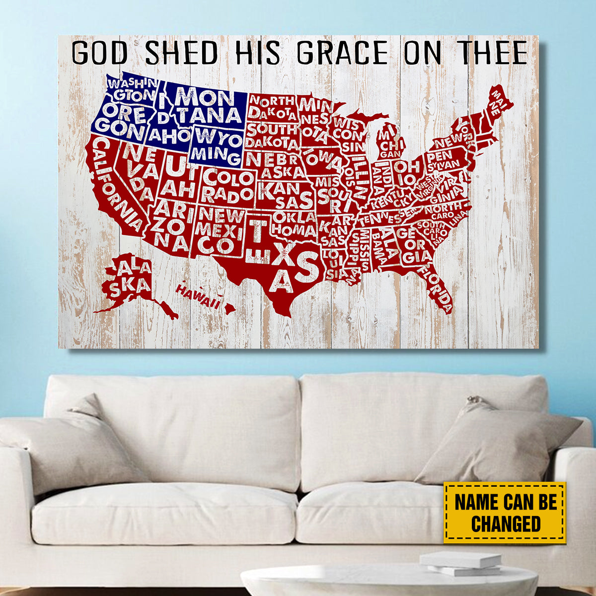 Teesdily | Independence American Map Customized Poster Canvas, God Shed His Grace On Thee Wall Decor, 4th Of July Home Decor, Christian Family Gifts