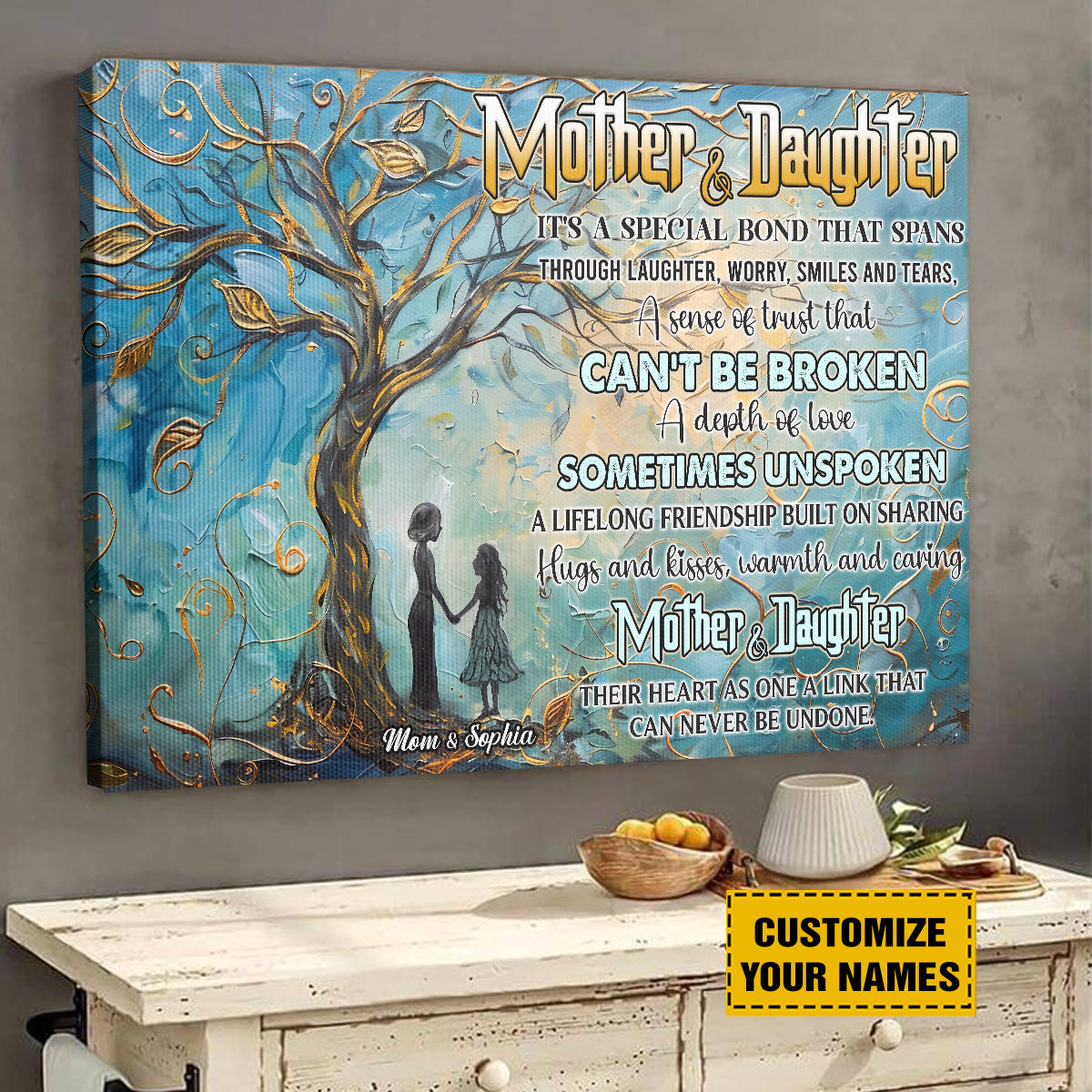 Teesdily | Customized Mother Daughter Tree Wall Art, Mom Daughter A Bond That Can't Be Broken Wall Art, Mothers Day Gifts Poster Canvas