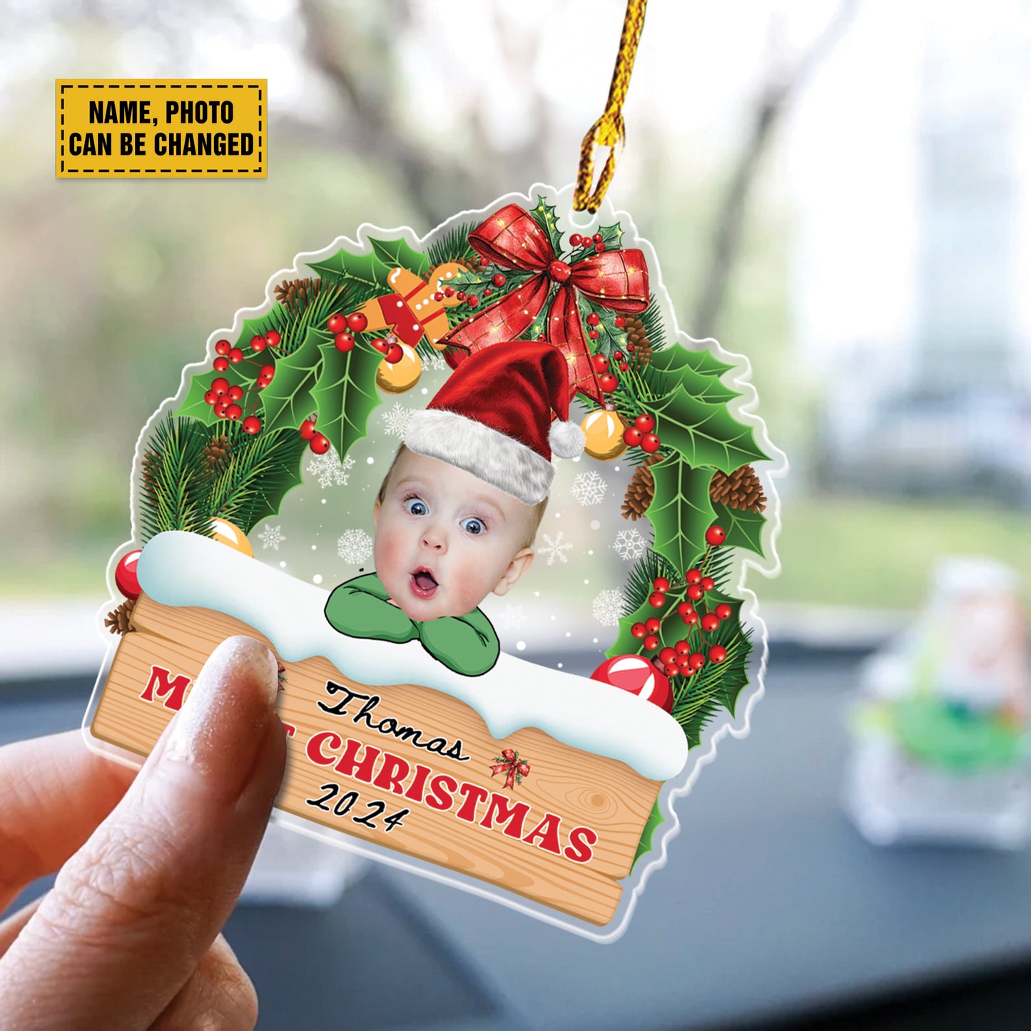 Teesdily | Personalized Baby Photo First Christmas Ornament, My 1st Christmas Acrylic Ornament, Baby Santa Xmas Wreath Decor, Family Ornaments Gift