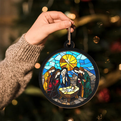 Teesdily | Christmas Nativity Jesus Suncatcher Ornament, Birth Of Jesus Suncatcher Print Stained Glass, Catholic Religious Ornament, Christmas Gift