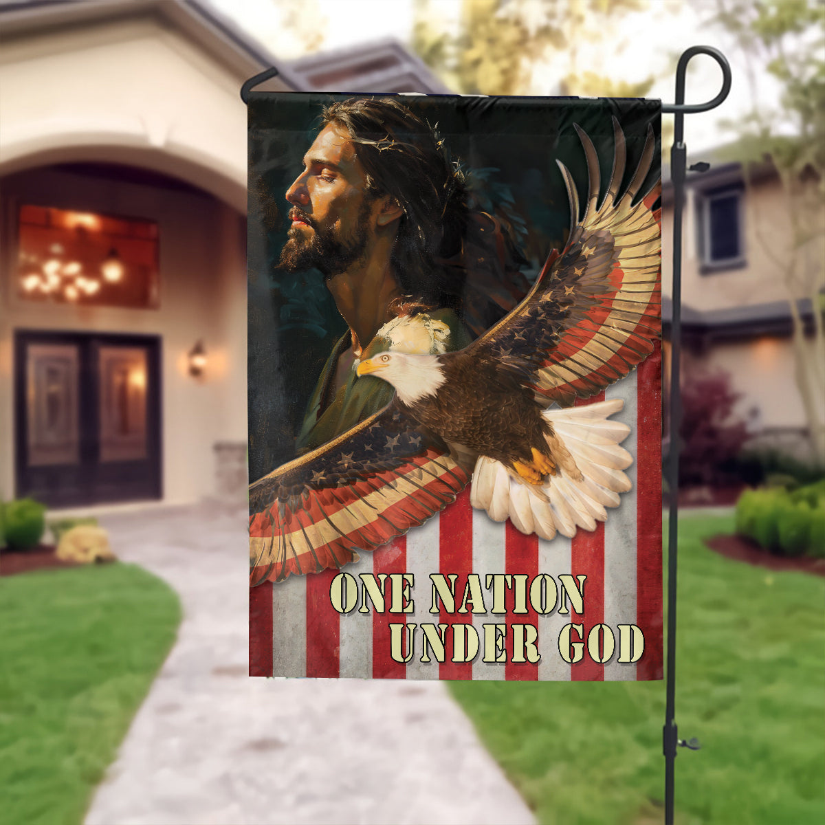 Teesdily | Jesus American Garden Flag, Jesus Eagle House Flag, One Nation Under God Double Sided Flag, Independence Day Outdoor Flag, American Pride