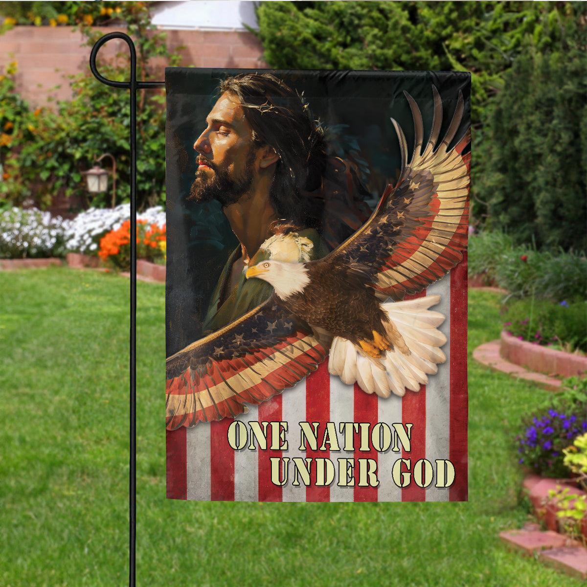 Teesdily | Jesus American Garden Flag, Jesus Eagle House Flag, One Nation Under God Double Sided Flag, Independence Day Outdoor Flag, American Pride