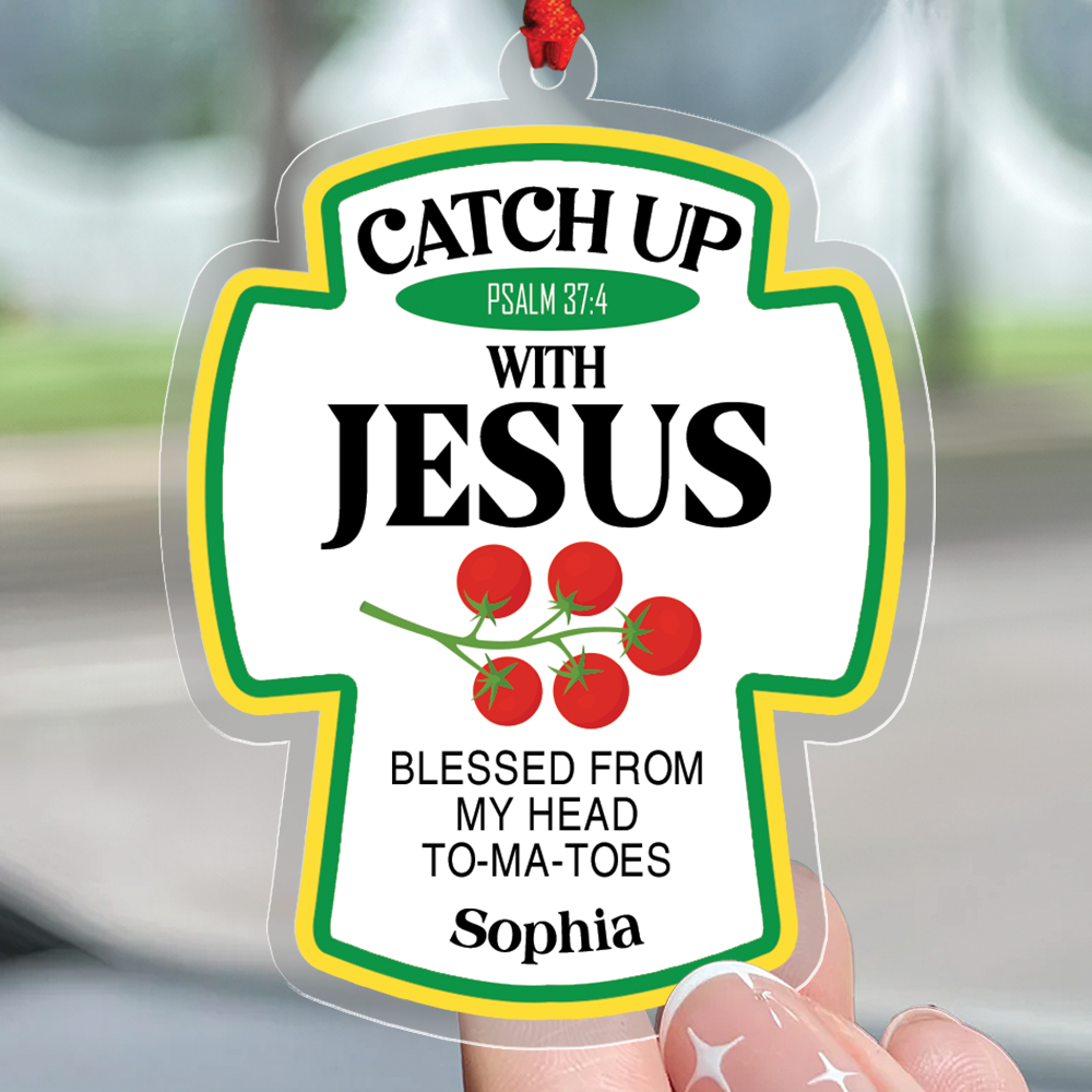 Teesdily | Customized Jesus Tomato Acrylic Ornament, Catch Up With Jesus Blessed From Head Tomatoes Christmas Ornament Gift