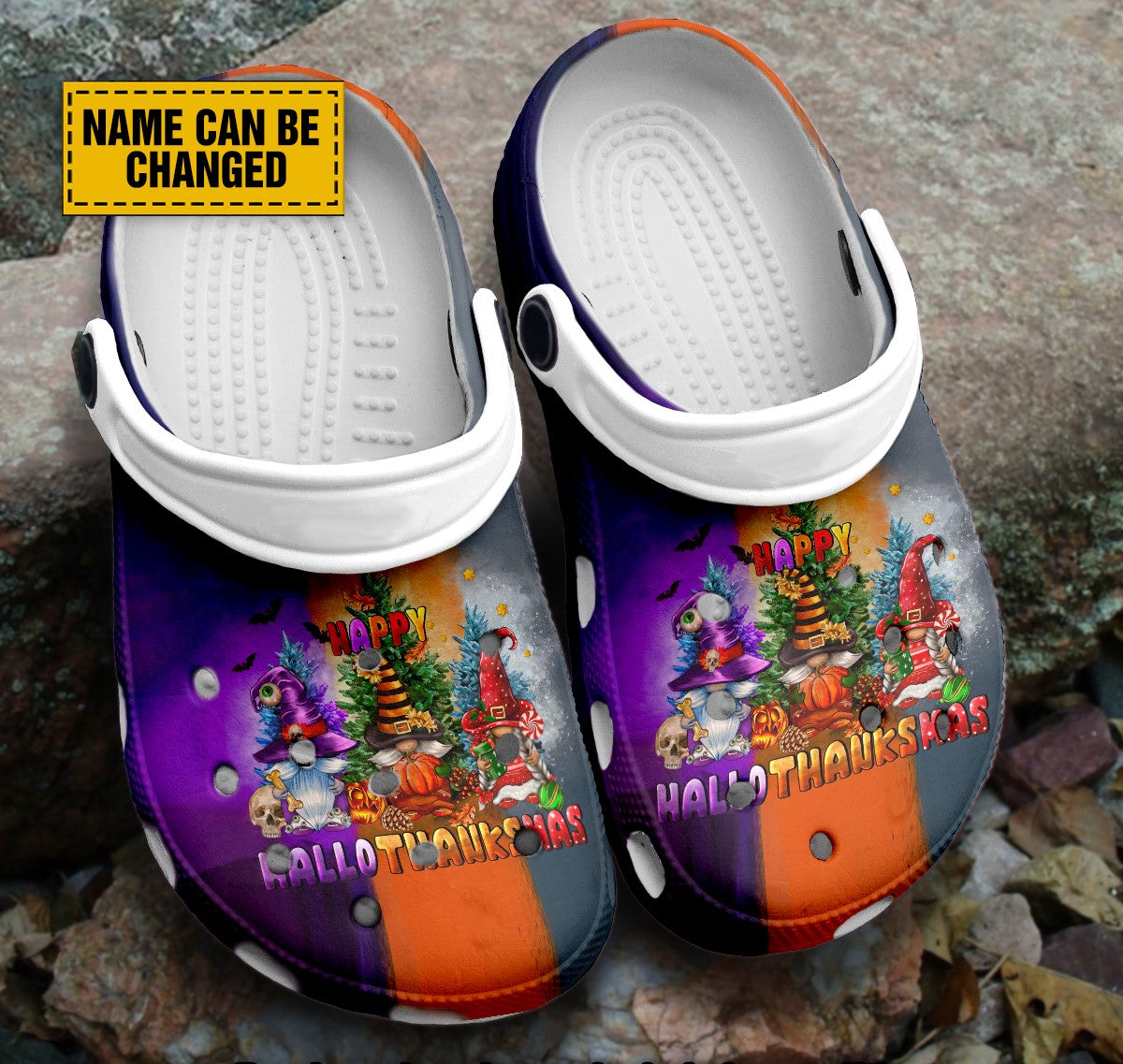 Teesdily | Happy Hallothanksmas Customized Clogs Shoes, Gift For Halloween, Thanks Giving, Christmas, Gift For Gnomes Lovers, Kid & Adult Unisex Clogs Shoes Eva