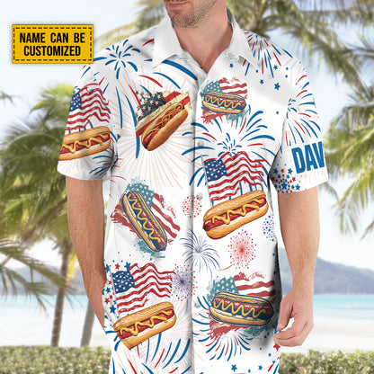 Teesdily | Custom American Hot Dog Burger Hawaiian Shirt, You Look Like The 4th Of July Hawaii Shirt, Patriotic Aloha Set, Happy 4th Of July Gift