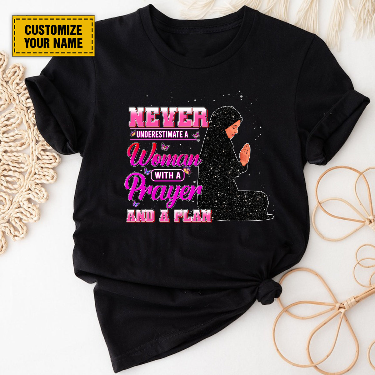 Teesdily | Never Underestimate A Woman With A Prayer And A Plan Customized Black Shirt, Jesus Lovers, Unisex Tshirt Hoodie Sweatshirt Size S-5xl / Mug 11-15oz
