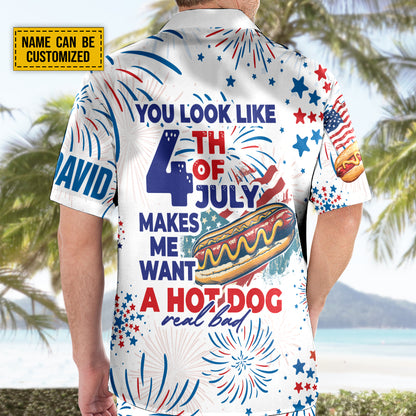 Teesdily | Custom American Hot Dog Burger Hawaiian Shirt, You Look Like The 4th Of July Hawaii Shirt, Patriotic Aloha Set, Happy 4th Of July Gift