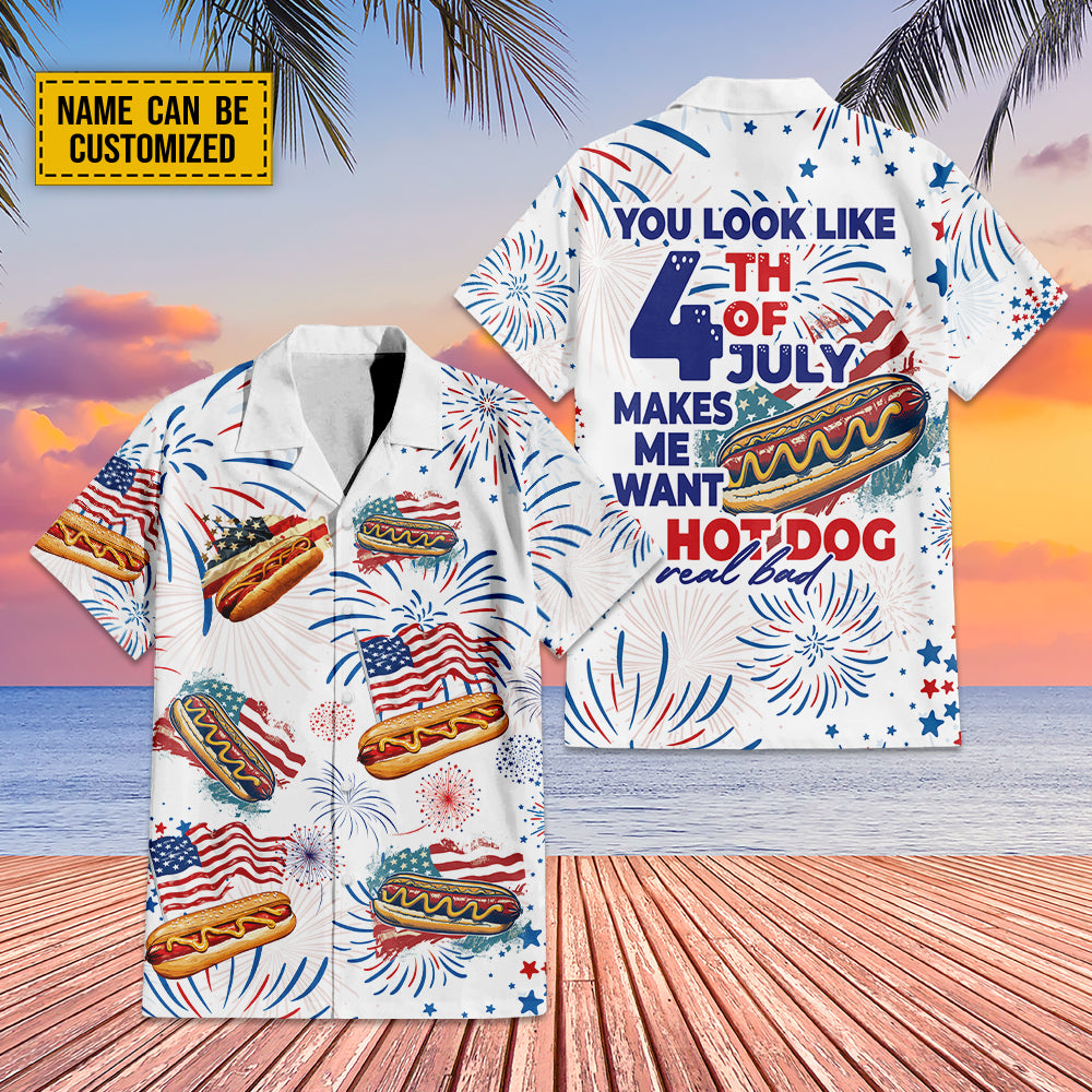 Teesdily | Custom American Hot Dog Burger Hawaiian Shirt, You Look Like The 4th Of July Hawaii Shirt, Patriotic Aloha Set, Happy 4th Of July Gift