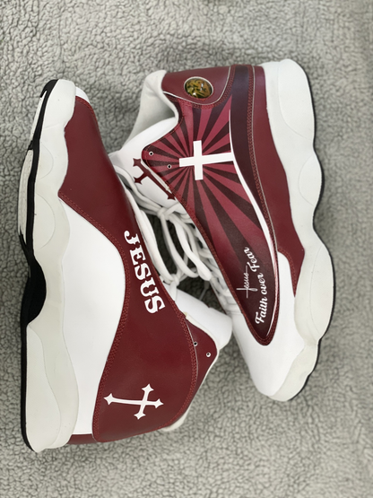 Teesdily | Jesus Faith Over Fear Basketball Shoes, Jesus Basketball Shoes Red Design, Gift For Jesus Lovers, Christian Gifts Unisex Basketball Shoes