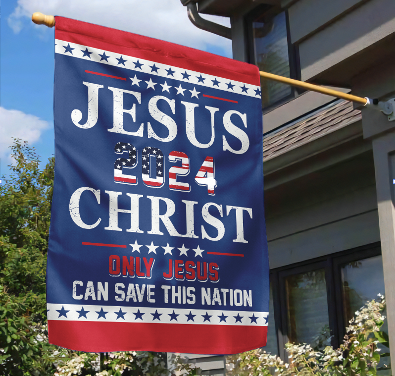 Teesdily | American Flag Jesus Christ House Flag, Jesus Christ 2024 Only Jesus Can Save This Nation Garden Flag, Patriotic Flag, Outdoor Decor Gifts