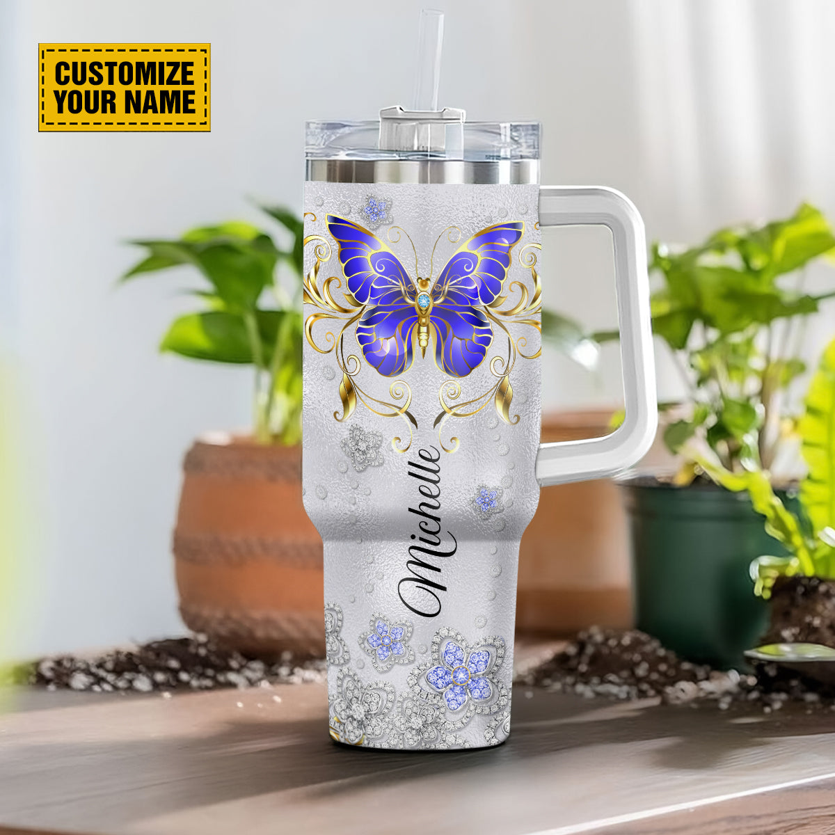 Teesdily | Customized Butterfly Jewelry Tumbler With Handle, For By Grace You Have Been Saved Travel Tumbler, Spiritual Gifts For Women 40oz Tumbler