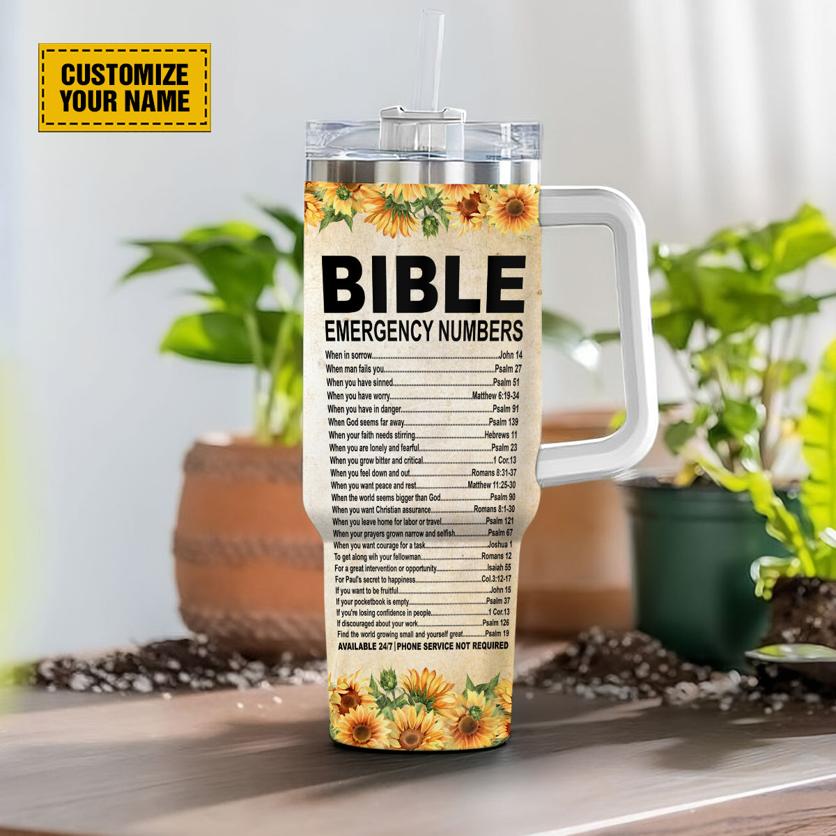 Teesdily | Customized Bible Emergency Numbers Water Tumbler, Sunflowers Travel Tumbler, Spiritual Gifts For Women, Christian 40oz Tumbler With Straw