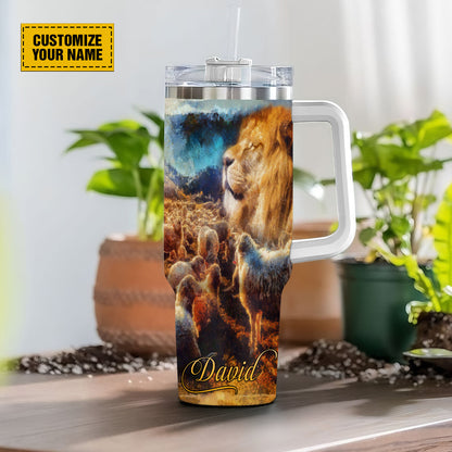 Teesdily | Customized Jesus Lion Lamb 40oz Tumbler With Handle, The Lord Is My Shepherd Personalized Tumbler, Christian Tumbler With Lid Gifts