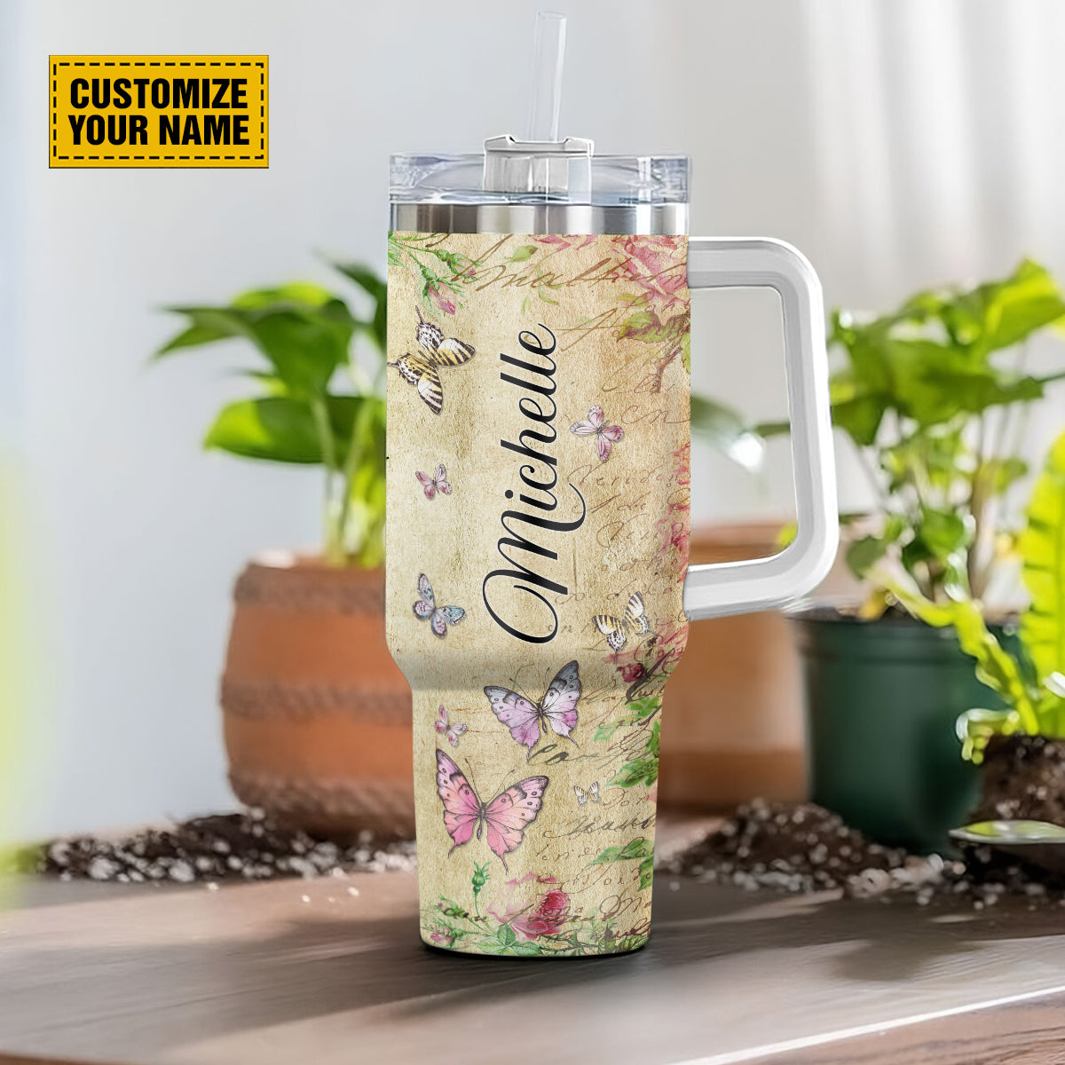 Teesdily | Personalized Butterfly Floral 40 oz Tumbler, Faith Hope Love Insulated Cup, Spiritual Gifts For Women, Christian Vintage Personalized Cups