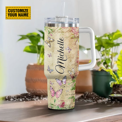 Teesdily | Personalized Butterfly Floral 40 oz Tumbler, Faith Hope Love Insulated Cup, Spiritual Gifts For Women, Christian Vintage Personalized Cups