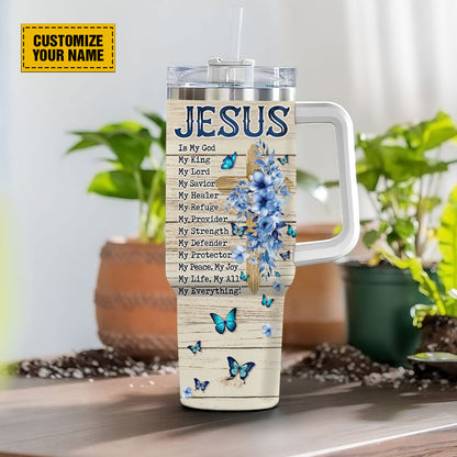 Teesdily | Customized Jesus Cross Floral Tumbler With Handle, Jesus Is King Personalized Cups, Inspirational Gifts For Women, Christian Gifts