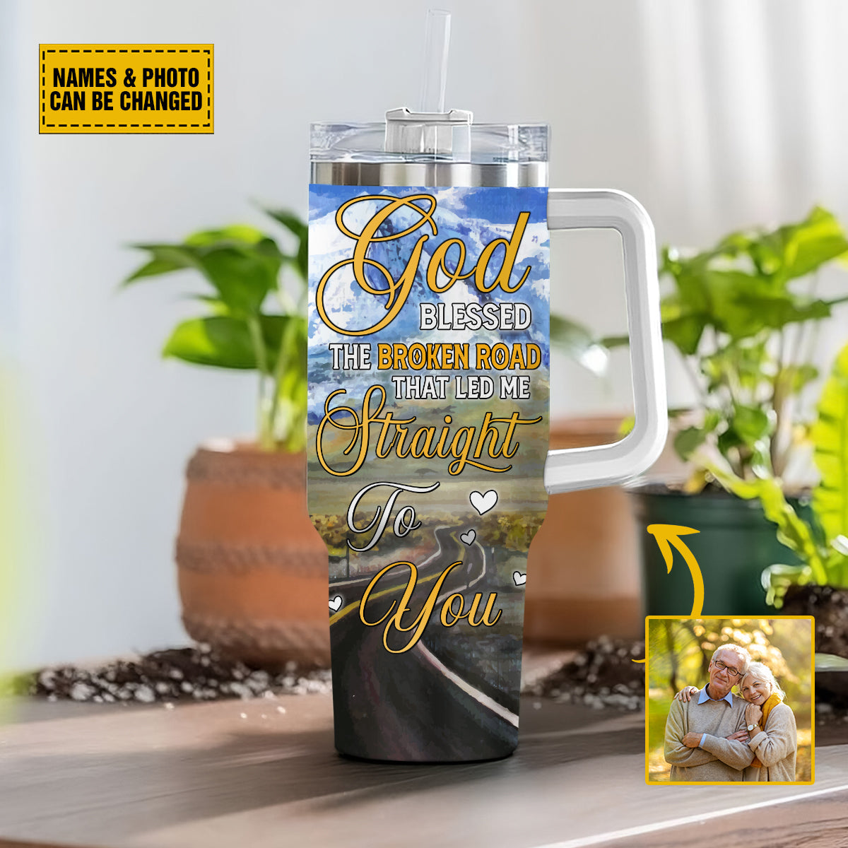 Teesdily | Customized Photo Insulated Tumbler, God Blessed The Broken Road Travel Tumbler, Christian Couple Gifts, Personalized Tumblers With Picture