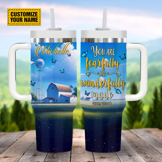 Teesdily | Personalized Farmhouse Art 40 oz Tumbler, You Are Fearfully And Wonderfully Made Insulated Cup, Christian God Inspiration 40oz Tumbler