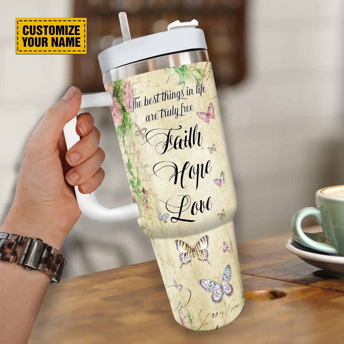 Teesdily | Personalized Butterfly Floral 40 oz Tumbler, Faith Hope Love Insulated Cup, Spiritual Gifts For Women, Christian Vintage Personalized Cups