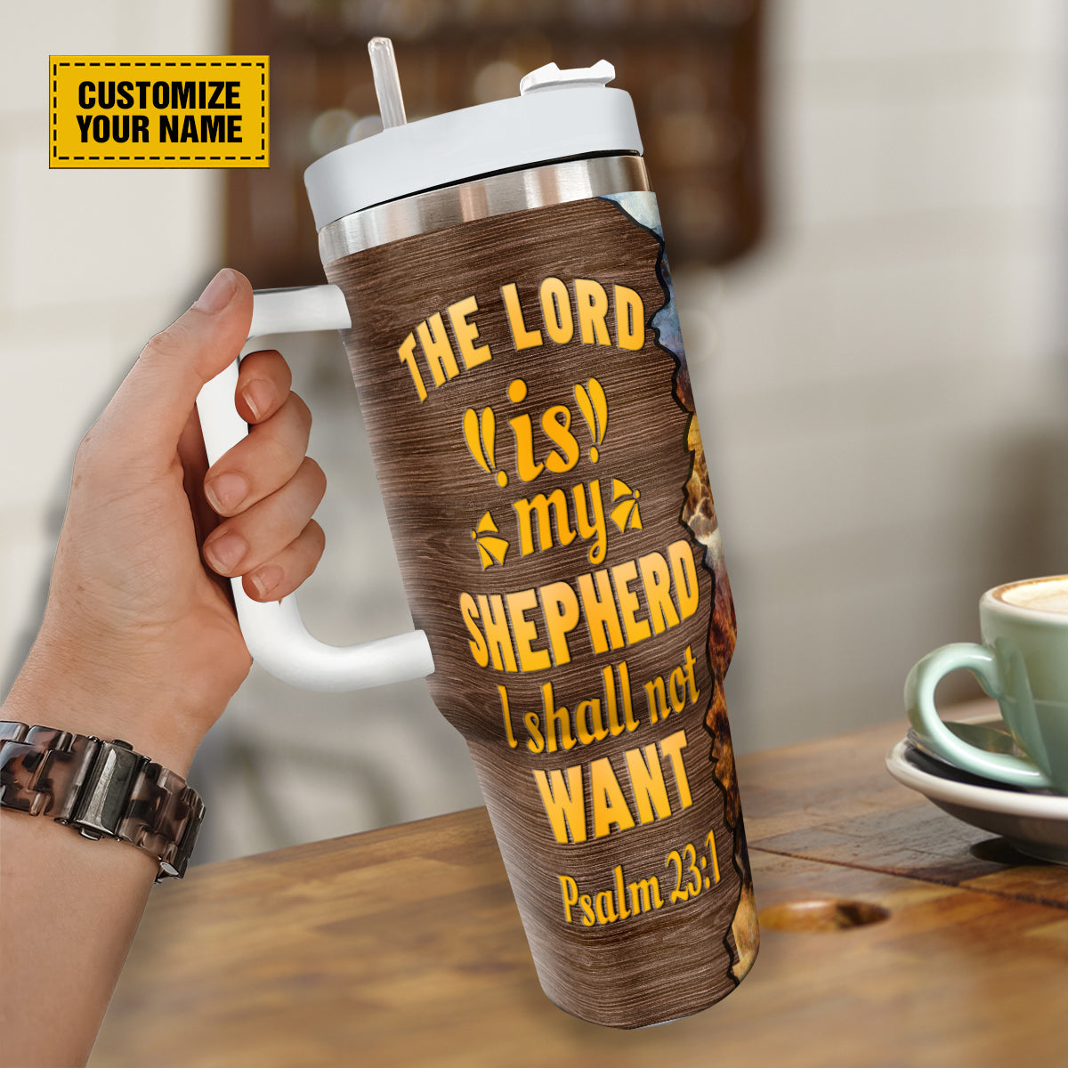 Teesdily | Customized Jesus Lion Lamb 40oz Tumbler With Handle, The Lord Is My Shepherd Personalized Tumbler, Christian Tumbler With Lid Gifts