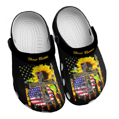 Teesdily | Hope Faith Love Customized Clogs Shoes, American Flag Sunflower, Cross Clogs Shoes, Jesus Lovers Gifts, God Faith Believers, Christian Gifts Kid & Adult Unisex Clogs Shoes Eva