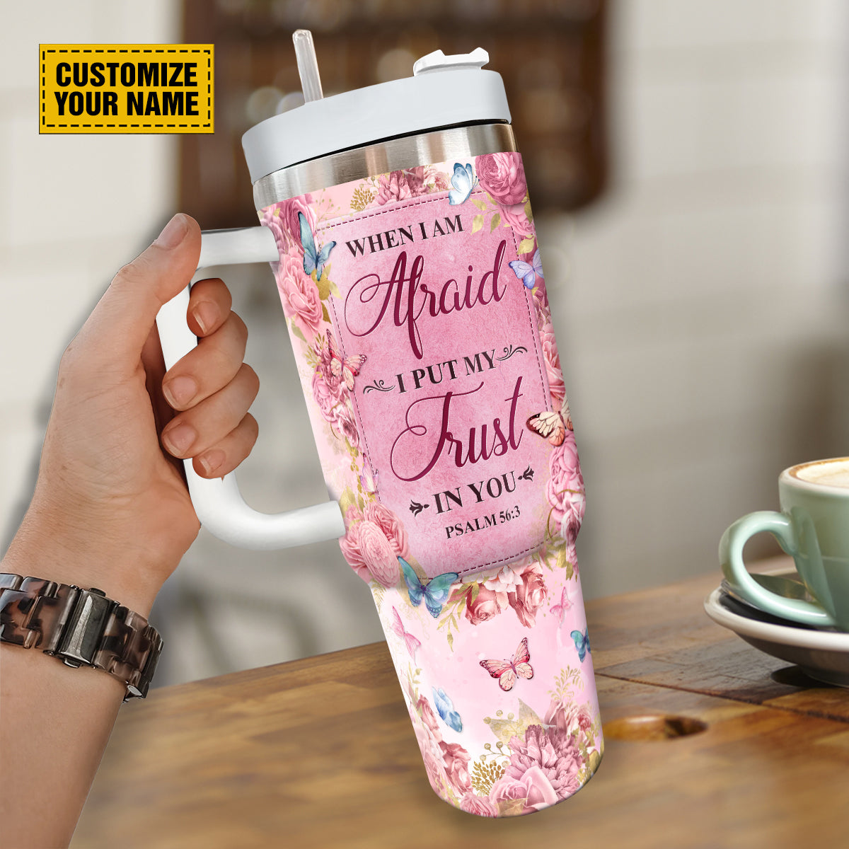 Teesdily | Butterfly Rose Personalized Tumbler, When I Am Afraid I Put My Trust In You Tumbler Cups, Women Spiritual Gifts, 40oz Tumbler With Handle