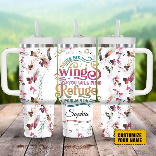 Teesdily | Customized Feather Pattern Tumbler With Handle, Under His Wings You Will Find Refuge Tumble Cups, God Inspiration 40oz Insulated Tumbler