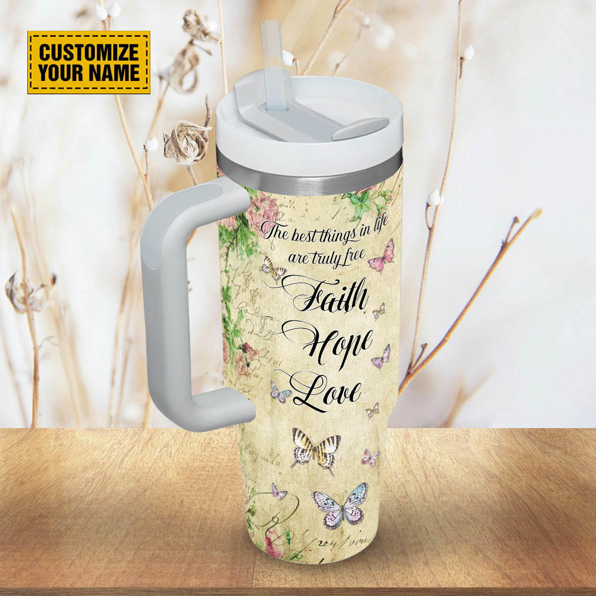 Teesdily | Personalized Butterfly Floral 40 oz Tumbler, Faith Hope Love Insulated Cup, Spiritual Gifts For Women, Christian Vintage Personalized Cups