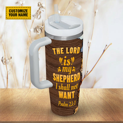 Teesdily | Customized Jesus Lion Lamb 40oz Tumbler With Handle, The Lord Is My Shepherd Personalized Tumbler, Christian Tumbler With Lid Gifts