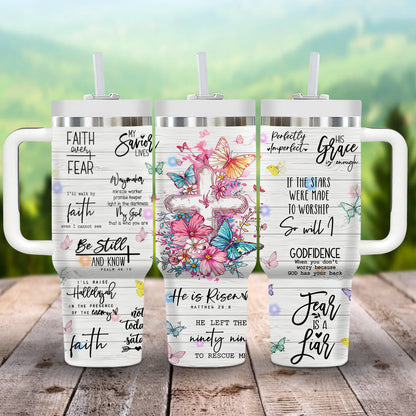 Teesdily | Jesus Affirmations Insulated Tumbler, Jesus Cross Butterflies 40oz Tumbler With Handle, Religious Inspirational Gifts 40oz Tumbler