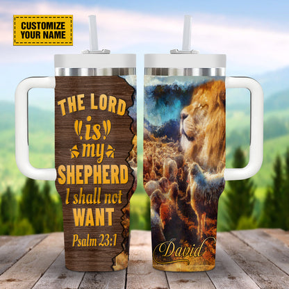 Teesdily | Customized Jesus Lion Lamb 40oz Tumbler With Handle, The Lord Is My Shepherd Personalized Tumbler, Christian Tumbler With Lid Gifts