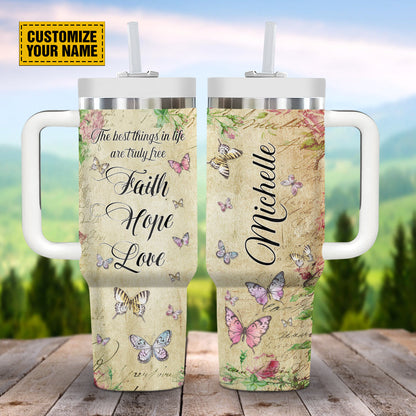 Teesdily | Personalized Butterfly Floral 40 oz Tumbler, Faith Hope Love Insulated Cup, Spiritual Gifts For Women, Christian Vintage Personalized Cups