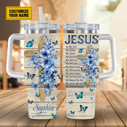 Teesdily | Customized Jesus Cross Floral Tumbler With Handle, Jesus Is King Personalized Cups, Inspirational Gifts For Women, Christian Gifts