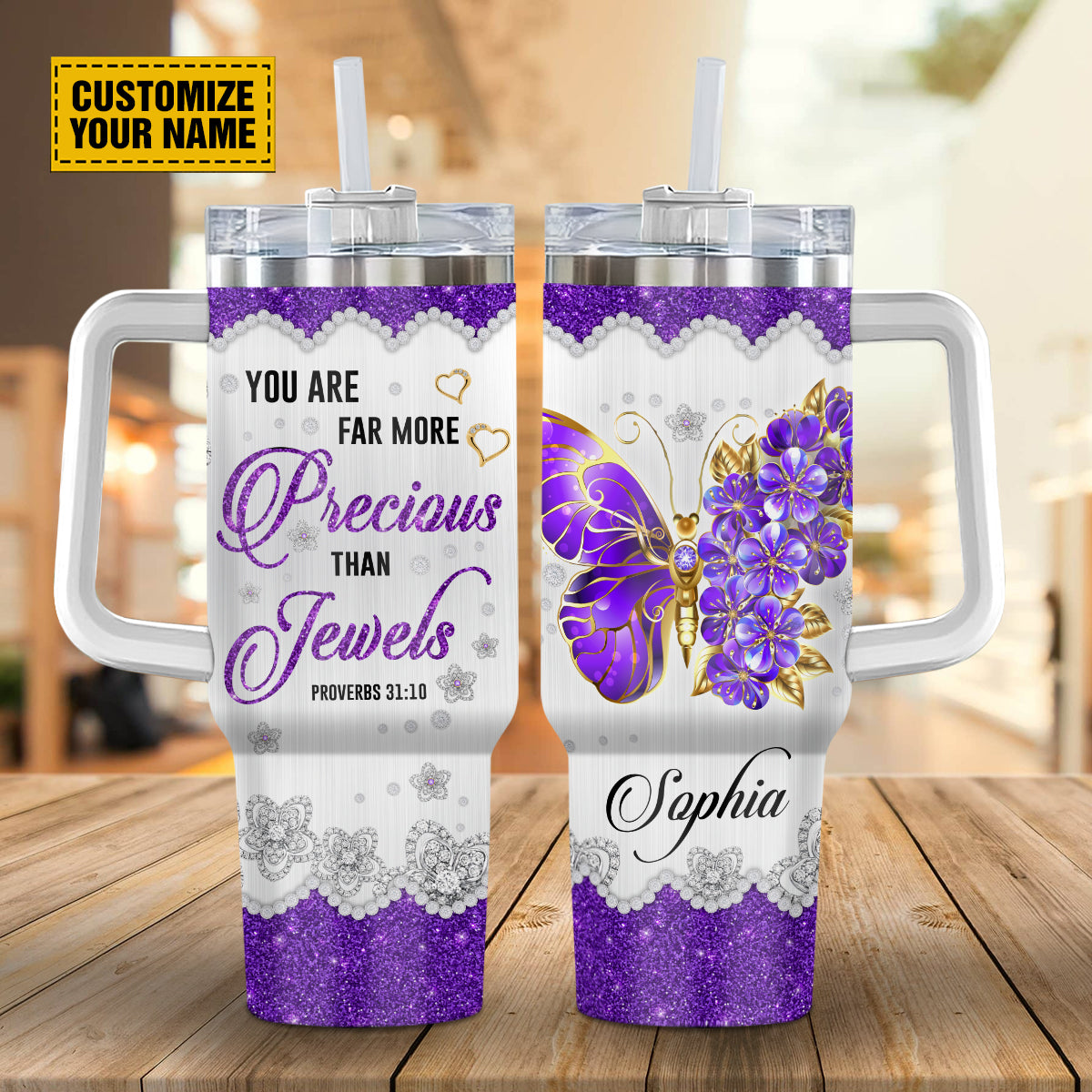 Teesdily | Customized Butterfly Jewelry Tumbler With Handle, You Are Far More Precious Than Jewels 40 oz Tumbler, Christian Gifts For Girl Women