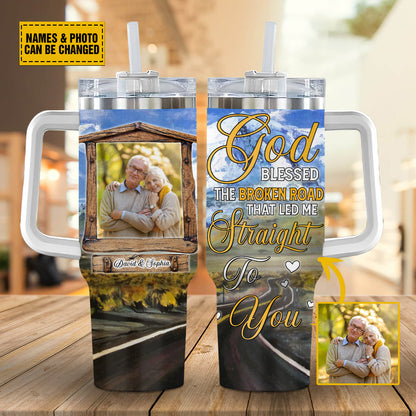 Teesdily | Customized Photo Insulated Tumbler, God Blessed The Broken Road Travel Tumbler, Christian Couple Gifts, Personalized Tumblers With Picture