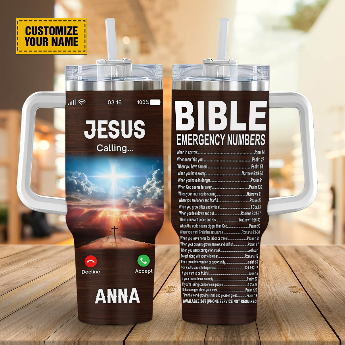 Teesdily | Customized Jesus Calling 40 oz Tumbler With Handle, Bible Emergency Numbers Travel Tumblers, Gift For Jesus Lovers Stainless Steel Cup