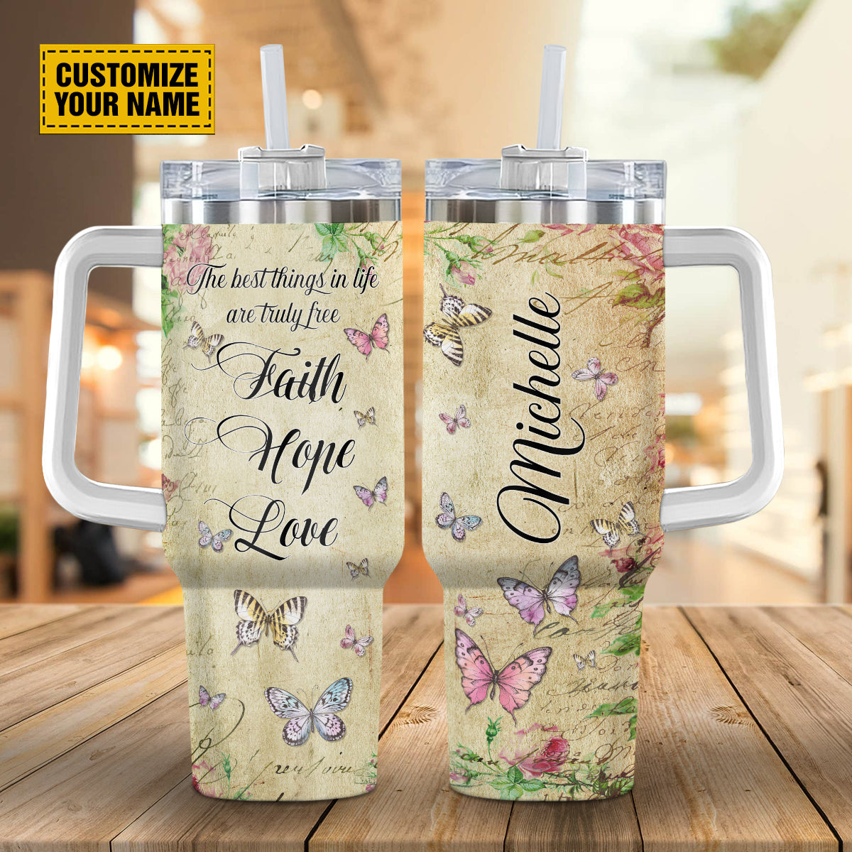 Teesdily | Personalized Butterfly Floral 40 oz Tumbler, Faith Hope Love Insulated Cup, Spiritual Gifts For Women, Christian Vintage Personalized Cups