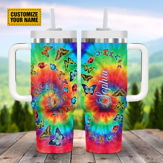 Teesdily | Butterfly Tie Dye Customized 40oz Tumbler With Handle, Hippie Personalized Insulated Tumbler, Hippie Gifts For Girl Women, Coffee Tumbler