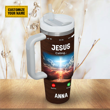 Teesdily | Customized Jesus Calling 40 oz Tumbler With Handle, Bible Emergency Numbers Travel Tumblers, Gift For Jesus Lovers Stainless Steel Cup