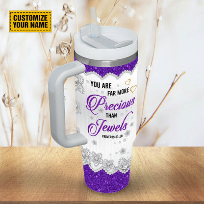 Teesdily | Customized Butterfly Jewelry Tumbler With Handle, You Are Far More Precious Than Jewels 40 oz Tumbler, Christian Gifts For Girl Women