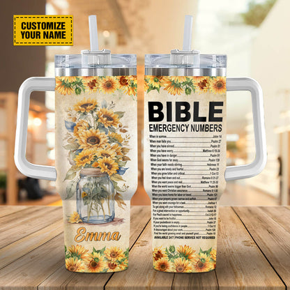 Teesdily | Customized Bible Emergency Numbers Water Tumbler, Sunflowers Travel Tumbler, Spiritual Gifts For Women, Christian 40oz Tumbler With Straw