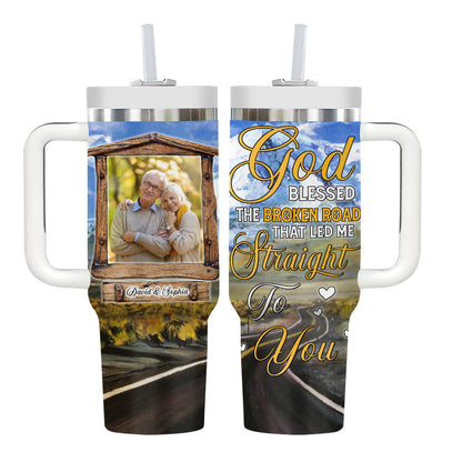 Teesdily | Customized Photo Insulated Tumbler, God Blessed The Broken Road Travel Tumbler, Christian Couple Gifts, Personalized Tumblers With Picture